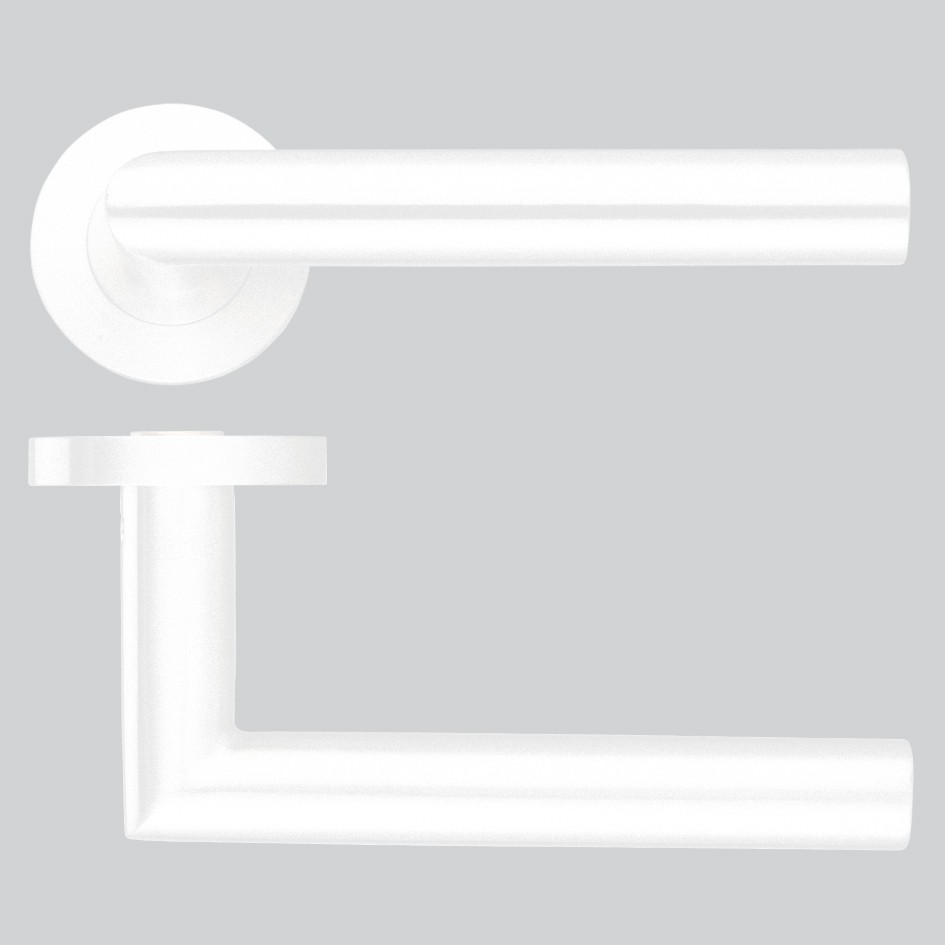 Round Rose Mitred Lever Handles – Push on Rose (Sprung) – Antimicrobial Eco-Friendly Matt White