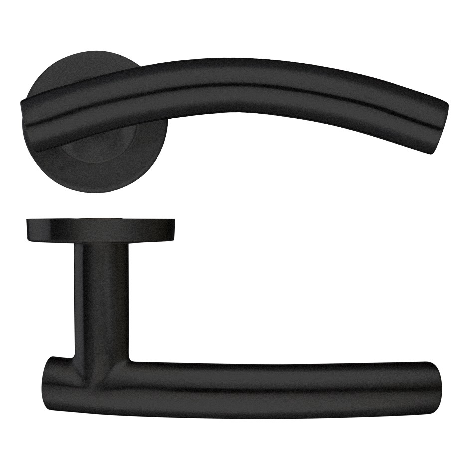 Round Rose Arched T-bar Lever Handles – Push on Rose (Sprung) – Antimicrobial Eco-Friendly Matt Black