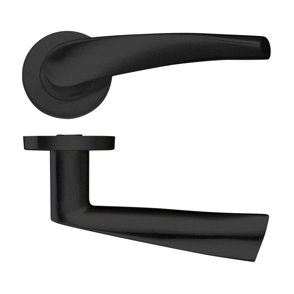 Round Rose Curved Lever Handles – Push on Rose (Sprung) – Antimicrobial Eco-Friendly Matt Black