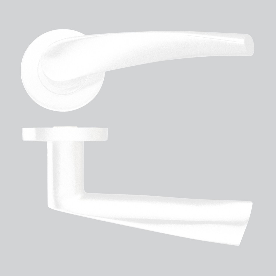 Round Rose Curved Lever Handles – Push on Rose (Sprung) – Antimicrobial Eco-Friendly Matt White