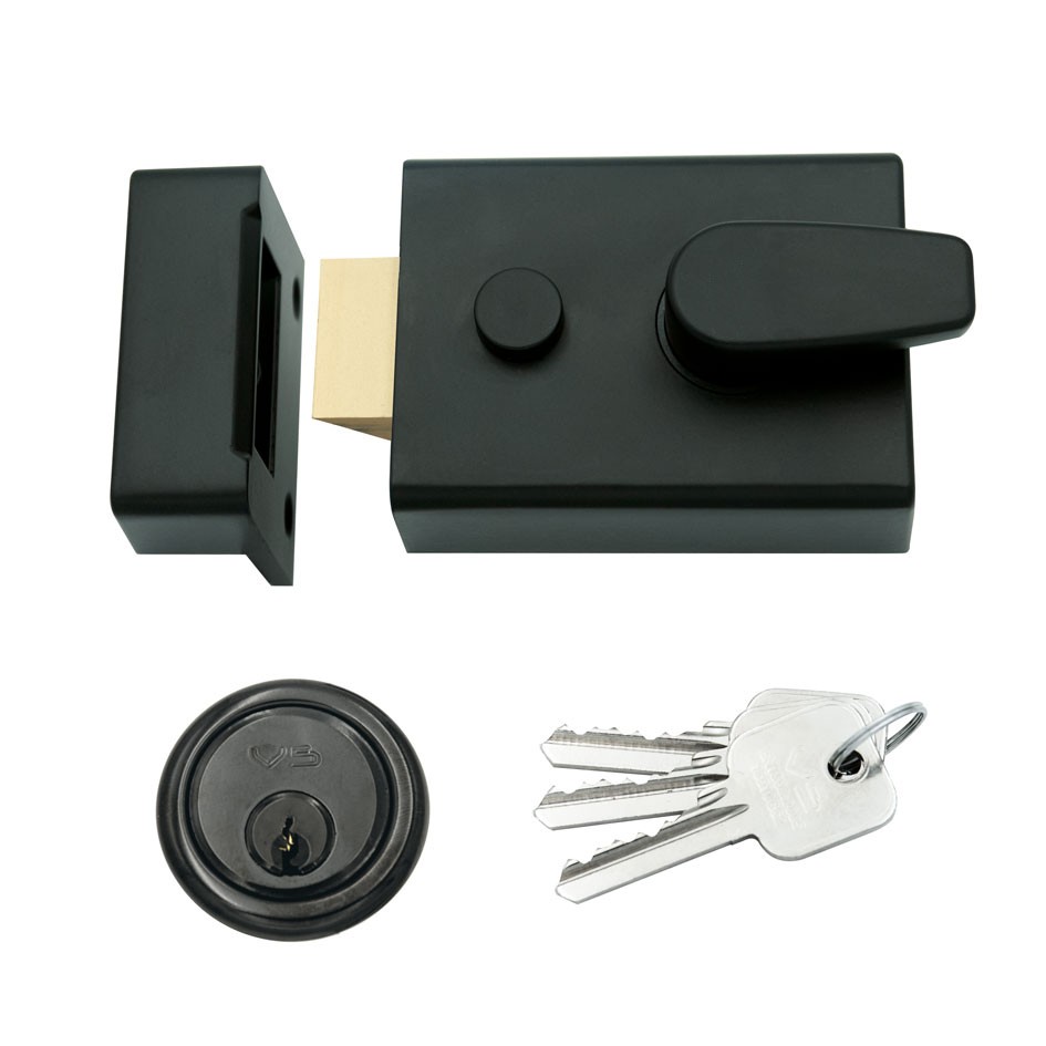 Standard Non-Deadlocking Rim Night Latch Suitable for Left and Right Handed Doors Opening Inwards – 60mm backset – Matt Black