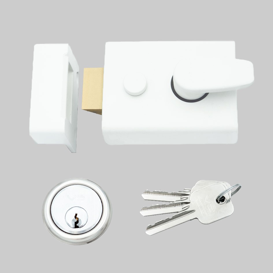 Standard Non-Deadlocking Rim Night Latch Suitable for Left and Right Handed Doors Opening Inwards – 60mm backset – Matt White