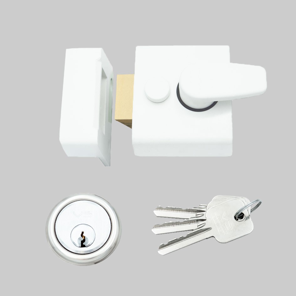 Narrow Stile Non-Deadlocking Rim Night Latch Suitable for Left and Right Handed Doors Opening Inwards – 40mm backset – Matt White