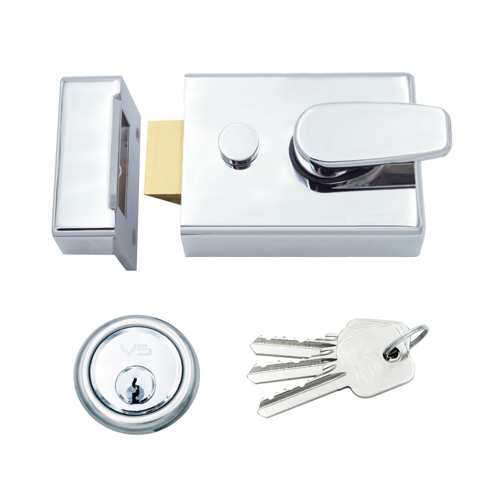 Standard Non–Deadlocking Rim Night Latch Suitable for Left and Right Handed Doors Opening Inwards – 60mm backset – Polished Chrome Plate 