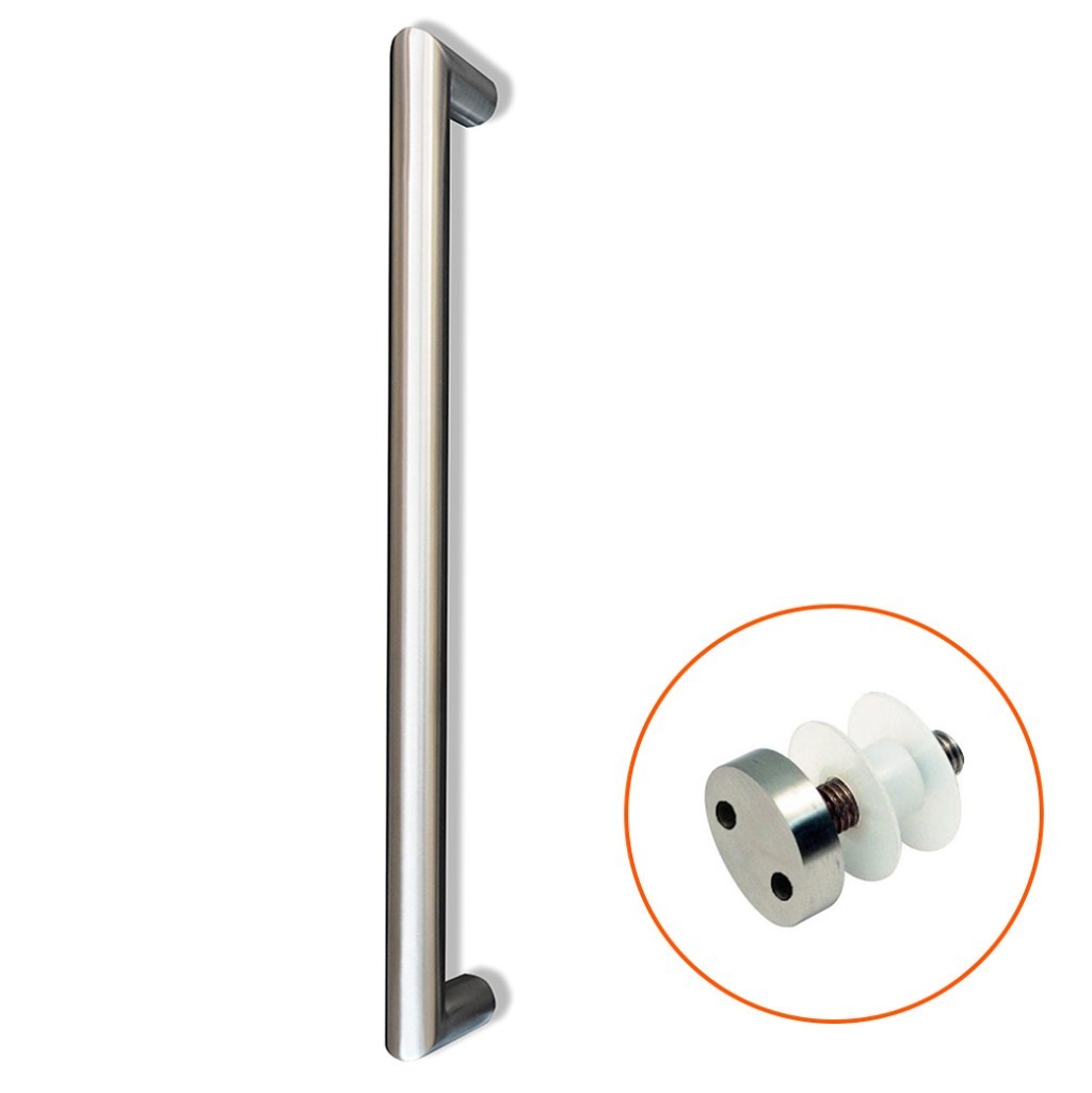 Mitred Bolt Through Fixing Pull Handle for Glass Doors complete with Pignose Bolts – Antimicrobial Satin Stainless Steel