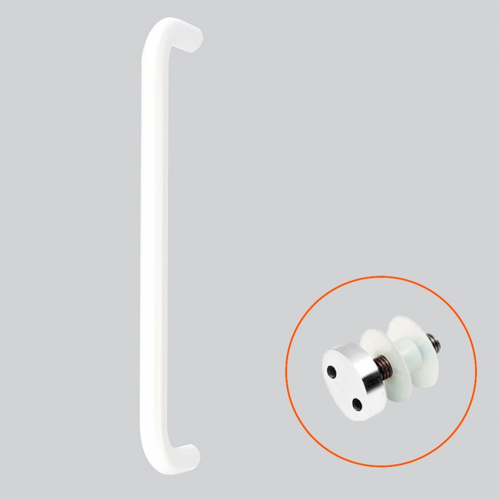 Tubular “D” Bolt Through Fixing Pull Handles for Glass Doors complete with Pignose Bolts – Antimicrobial Eco-Friendly Matt White