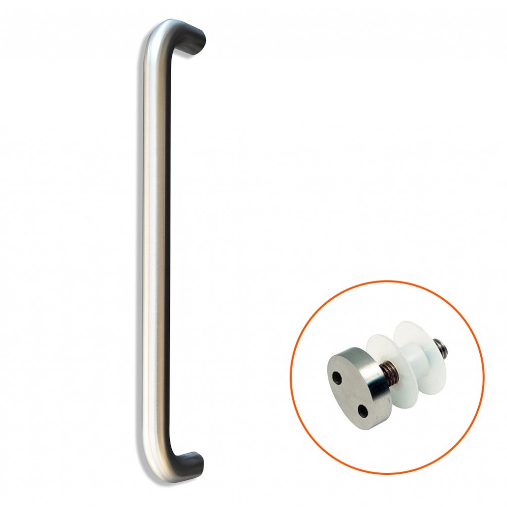 Tubular “D” Bolt Through Fixing Pull Handles for Glass Doors complete with Pignose Bolts – Antimicrobial Satin Stainless Steel