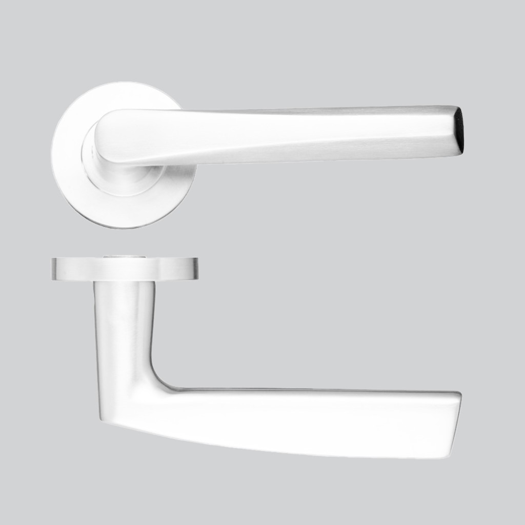 Round Rose Angular Lever Handles – Push on Rose (Sprung) – Antimicrobial Eco-Friendly Matt White