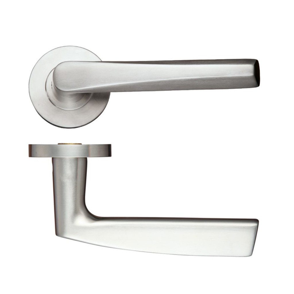Round Rose Angular Lever Handles – Push on Rose (Sprung) – Antimicrobial Satin Stainless Steel