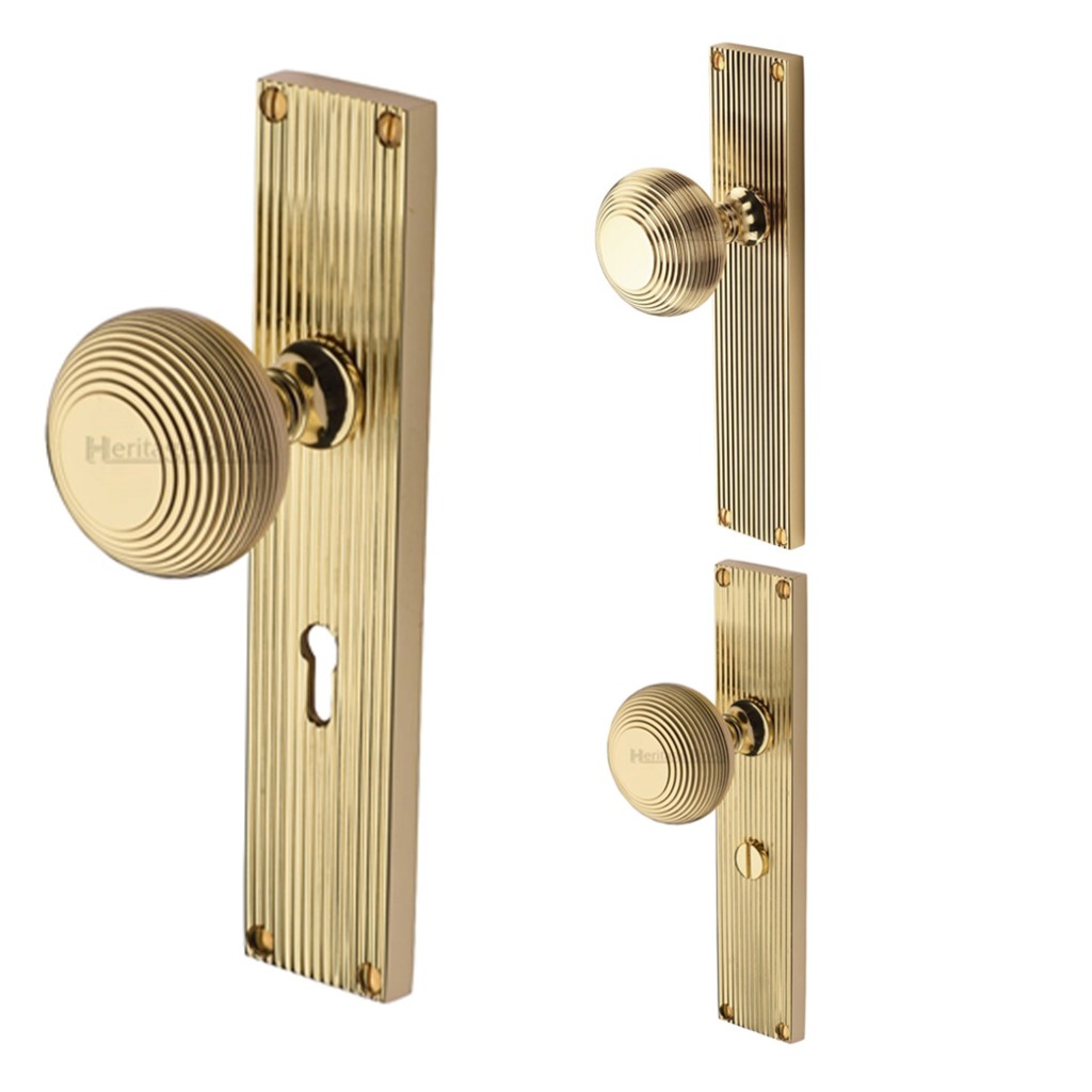 M Marcus Heritage Brass Beehive Reeded Mortice Knob on Plate - Polished Brass