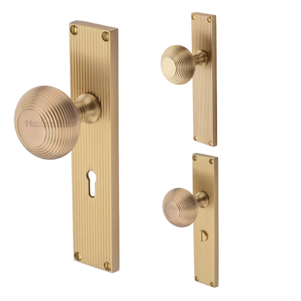 M Marcus Heritage Brass Beehive Reeded Mortice Knob on Plate - Satin Brass