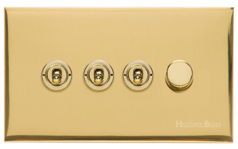 M Marcus Heritage Brass Winchester Range 4 Gang Mixed Toggle Switch Dimmer Switch 3xToggle Switch 1xTED