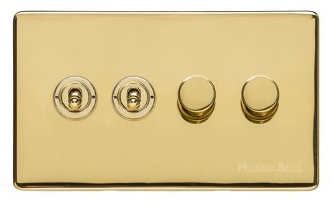 M Marcus Heritage Brass Vintage Range 4 Gang Mixed Toggle Dimmer Switch 2xToggle 2xTED