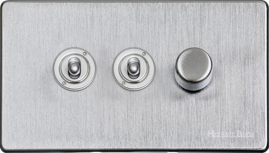 M Marcus Heritage Brass Vintage Range 3 Gang Mixed Toggle Dimmer Switch 2xToggle 1xTED