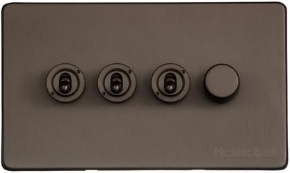 M Marcus Heritage Brass Vintage Range 4 Gang Mixed Toggle Dimmer Switch 3xToggle 1xTED