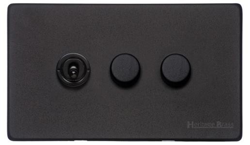 M Marcus Heritage Brass Vintage Range Matt Black 3 Gang Mixed Toggle Dimmer Switch 1xToggle 2xTED