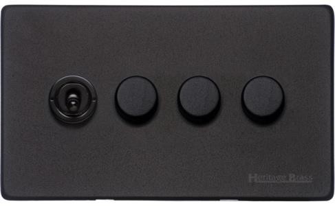 M Marcus Heritage Brass Vintage Range Matt Black 4 Gang Mixed Toggle Dimmer Switch 1xToggle 3xTED