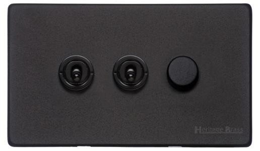 M Marcus Heritage Brass Vintage Range Matt Black 3 Gang Mixed Toggle Dimmer Switch 2xToggle 1xTED