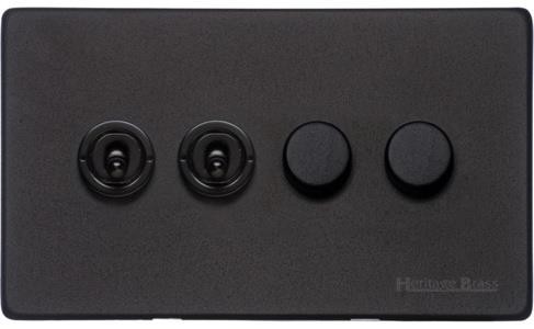 M Marcus Heritage Brass Vintage Range Matt Black 4 Gang Mixed Toggle Dimmer Switch 2xToggle 2xTED