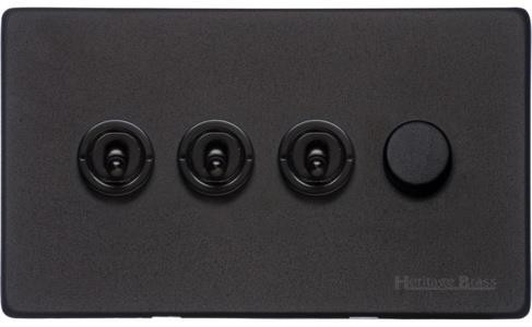 M Marcus Heritage Brass Vintage Range Matt Black 4 Gang Mixed Toggle Dimmer Switch 3xToggle 1xTED