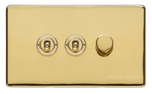 M Marcus Heritage Brass Studio Range 3 Gang Mixed Toggle Switch Dimmer Switch 2xToggle Switch 1xTED