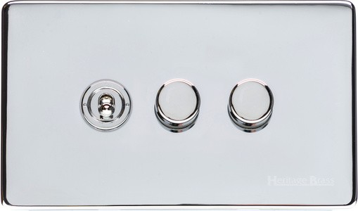 M Marcus Heritage Brass Studio Range 3 Gang Mixed Toggle Switch Dimmer Switch 1xToggle Switch 2xTED