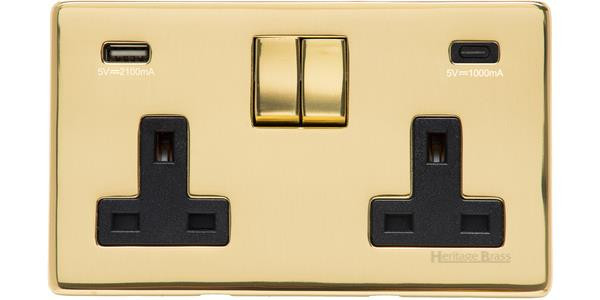 M Marcus Heritage Brass Studio Range Double USB-A & USB-C Socket with Black Trim