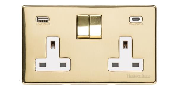 M Marcus Heritage Brass Studio Range Double USB-A & USB-C Socket with White Trim