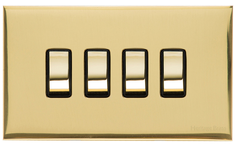 M Marcus Heritage Brass Winchester Range 4 Gang 2 Way Rocker Switch with Black Trim