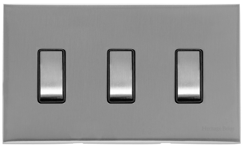 M Marcus Heritage Brass Winchester Range 3 Gang 2 Way Rocker Switch with Black Trim