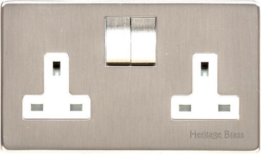 M Marcus Heritage Brass Studio Range Double Switched Socket with White Trim