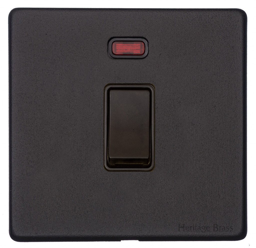 M Marcus Heritage Brass Vintage Range Matt Black 20 Amp Double Pole Switch with Neon Indicator