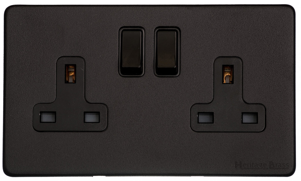 M Marcus Heritage Brass Vintage Range Matt Black Double Switched Socket