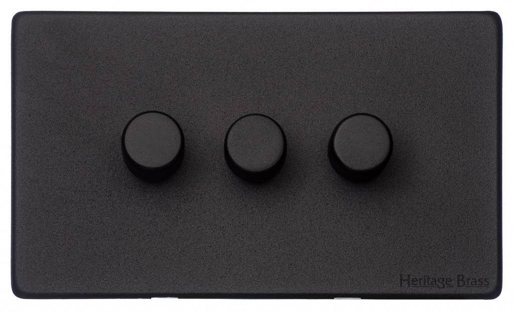 M Marcus Heritage Brass Vintage Range Matt Black 3 Gang 2 Way Push On/Off Dimmer Switch (250 watts)