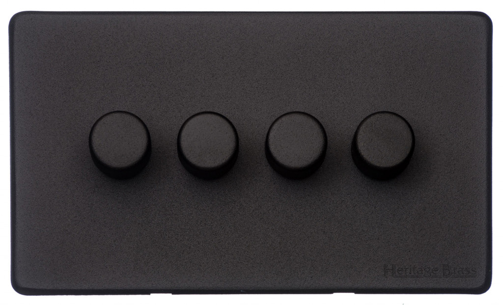 M Marcus Heritage Brass Vintage Range Matt Black 4 Gang 2 Way Push On/Off Dimmer Switch (250 watts)