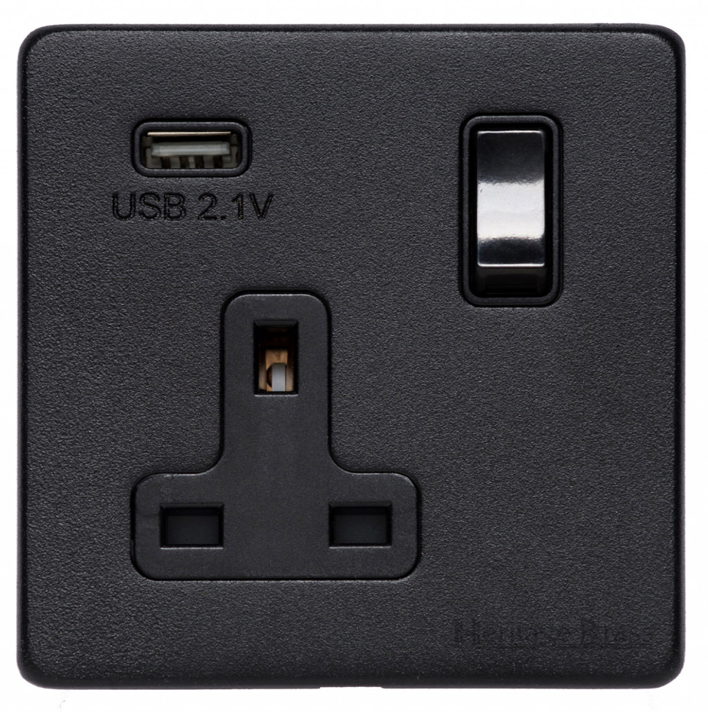 M Marcus Heritage Brass Vintage Range Matt Black Single USB-A Socket